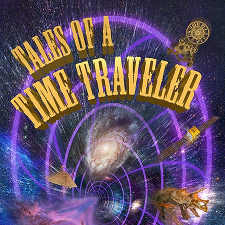 Exploring the universe with a time traveler theme, featuring galaxy, space, and cosmic elements.