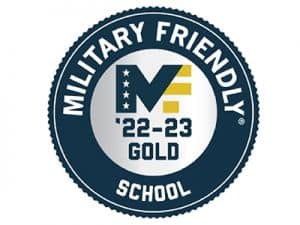 Pensacola State College logo with 2023 Gold Military Friendly School badge.