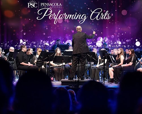 Performing Arts at Pensacola State College featuring orchestra and conductor for college programs.