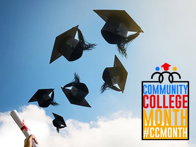 Graduation caps flying in the sky celebrating Community College Month and student success at Pensaco.