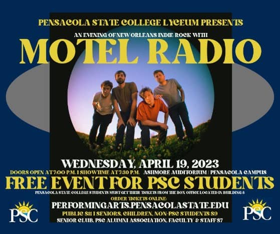 Optimized ALT text: Promotional poster for Motel Radio live music performance at Pensacola State Col.