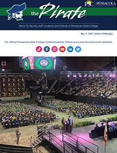 Graduation ceremony at Pensacola State College, featuring graduates, stage, and audience at the May.