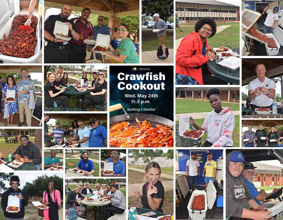 Students and staff enjoying crawfish at college event.