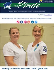 Nursing profession graduation ceremony at Pensacola State College with smiling students in scrubs.