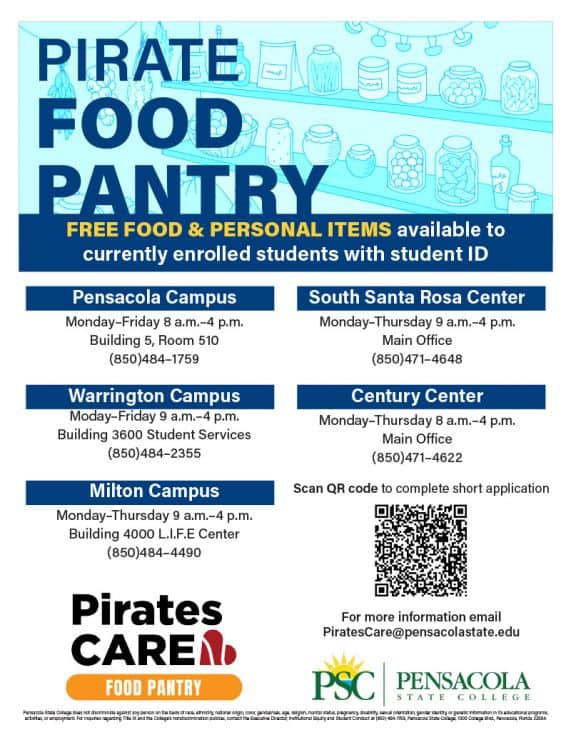 Accessible image showing Pirate Food Pantry locations and hours at Pensacola State College campuses.