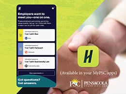 Mobile phone displaying Pensacola State College job board app for student employment opportunities.