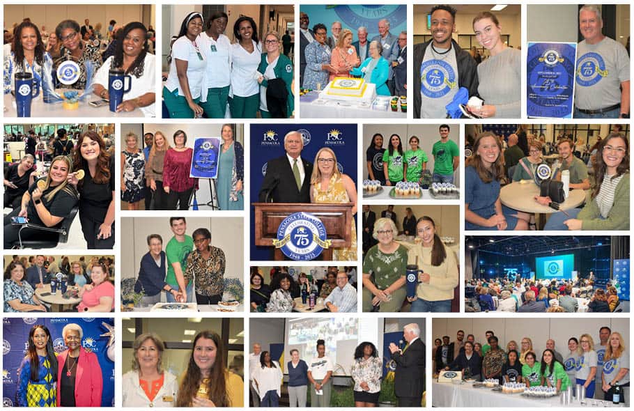 Pensacola State College 75th anniversary event with students, faculty, and community members.