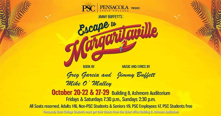 Theater production poster for 'Escape to Margaritaville' at Pensacola State College.