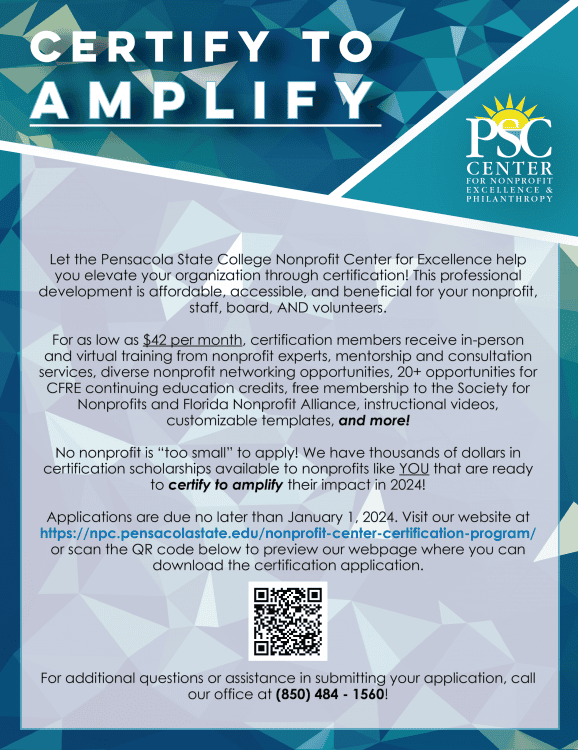 Certification program for nonprofit excellence at Pensacola State College, accessible training, and.