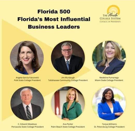 Prominent Florida college presidents supporting higher education initiatives and college leadership.