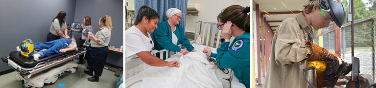 Medical students practicing patient care and clinical skills.
