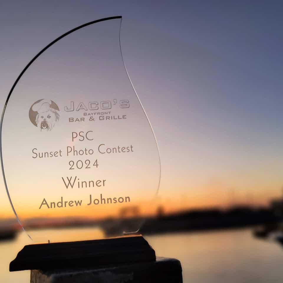 Sunset photography contest award plaque for Pensacola State College student Andrew Johnson.