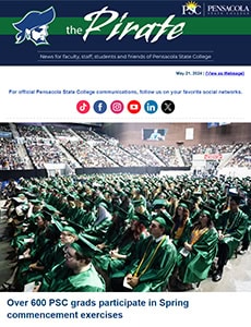 Graduates in caps and gowns at Pensacola State College spring commencement.