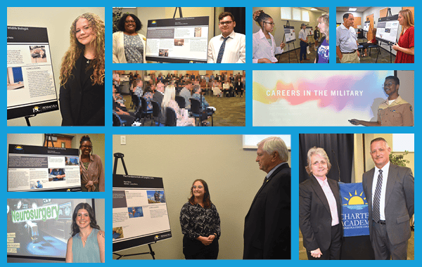 Students presenting research posters during PSC Charter Academy Senior Symposium event.