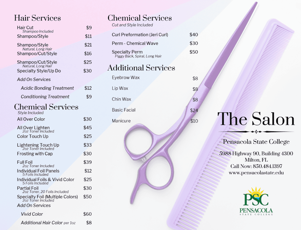 Professional hair, chemical, and additional beauty treatments offered at Pensacola State College sal.