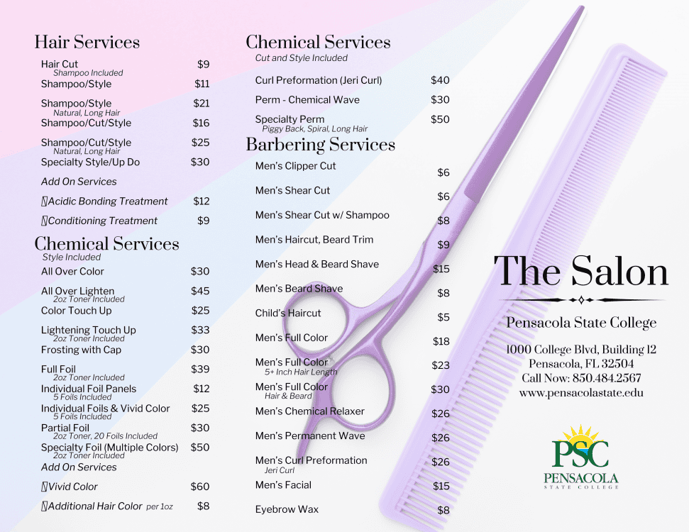 Professional hair, chemical, and barbering services for students and community members.