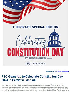 Students and faculty celebrating Constitution Day at Pensacola State College, emphasizing patriotism.