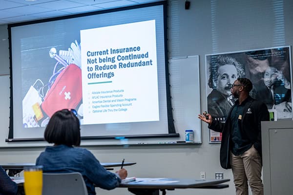 Insurance and benefits presentation for college staff and students.