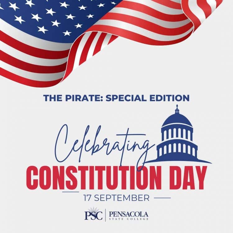 American flag with patriotic colors, promoting Constitution Day celebration at PSC.