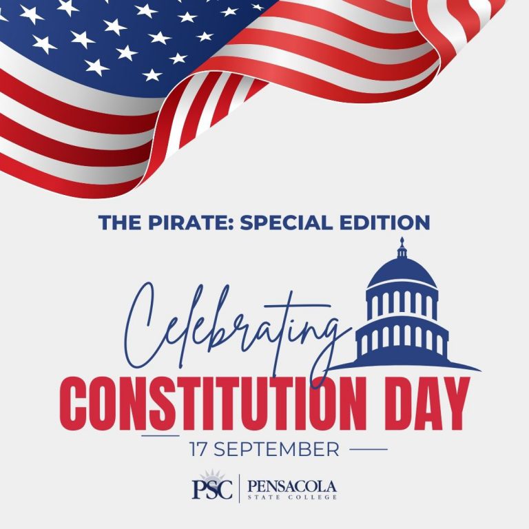 American flag with patriotic colors, promoting Constitution Day celebration at PSC.