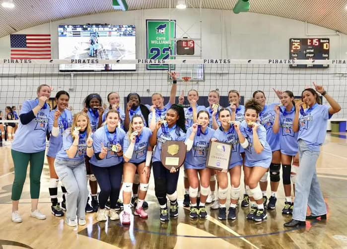 PSC women's volleyball team wins FCSAA Championship, celebrating victory after upset win.