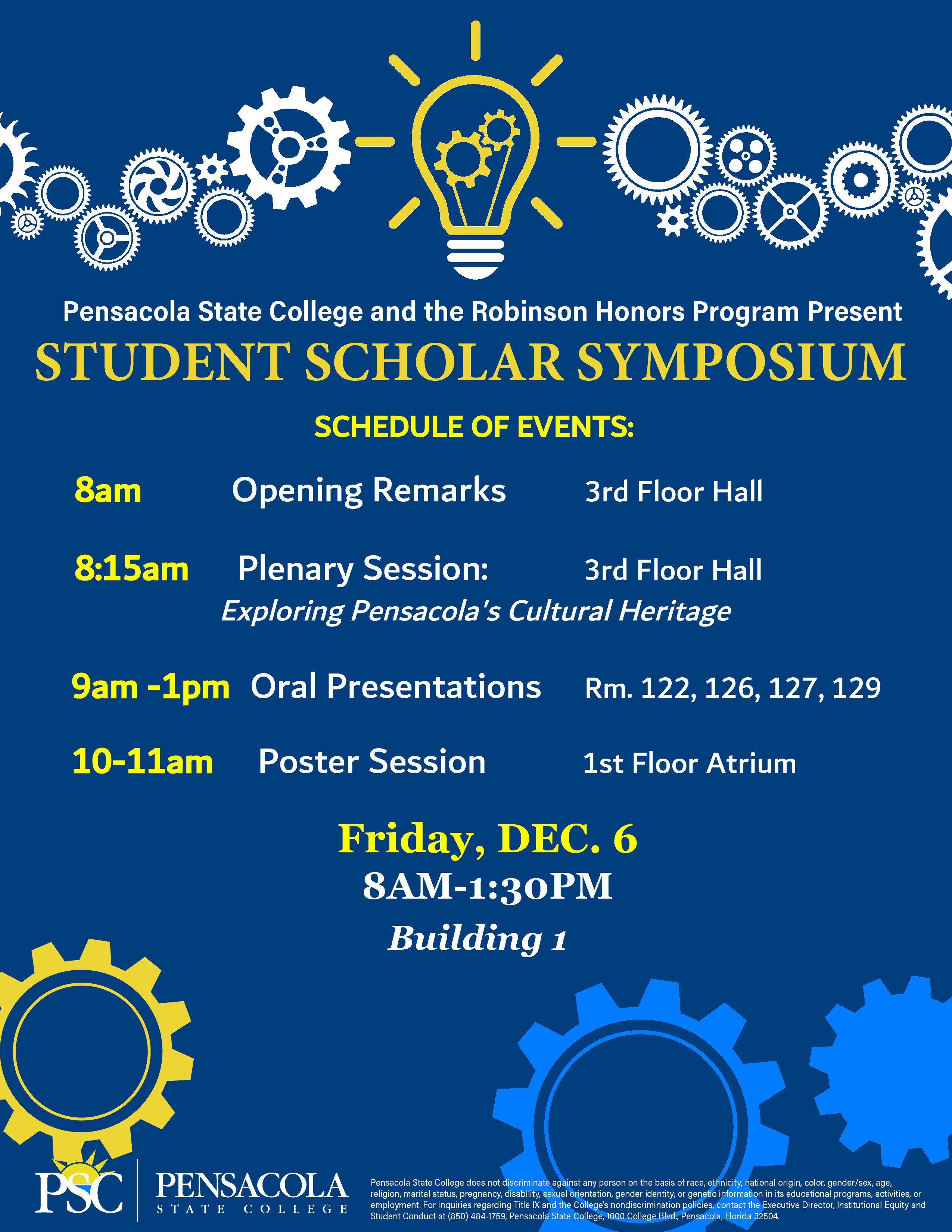 Accessible image showing schedule for Pensacola State College Honors Program symposium.