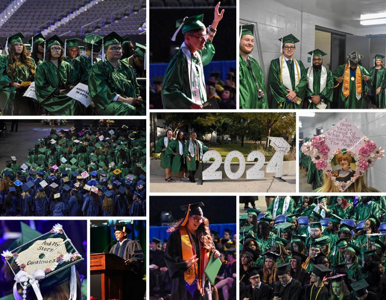Happy graduates in green caps and gowns at Pensacola State College graduation.