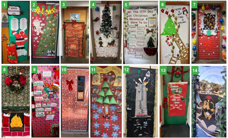 Colorful Christmas cards, ornaments, and holiday displays showcasing college community spirit and se.