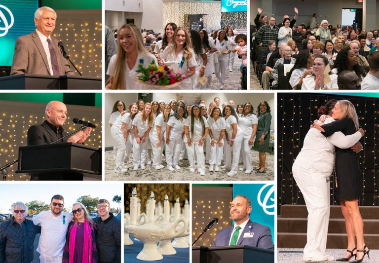 Nursing graduates and faculty celebrate at Pensacola State College pinning ceremony.