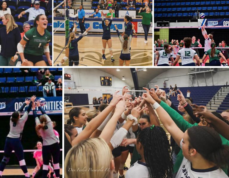 Volleyball players celebrating after second NJCAA Tournament appearance.
