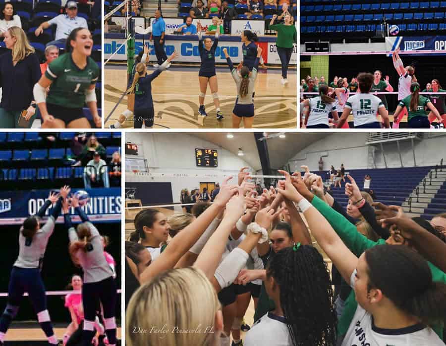 Volleyball players celebrating after second NJCAA Tournament appearance.