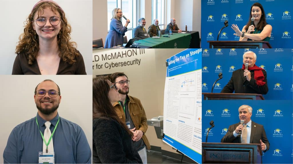 Student presenting cybersecurity research at PSC Symposium.