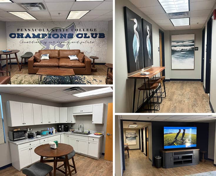 Luxurious college lounge and recreational areas at Pensacola State College Champions Club.