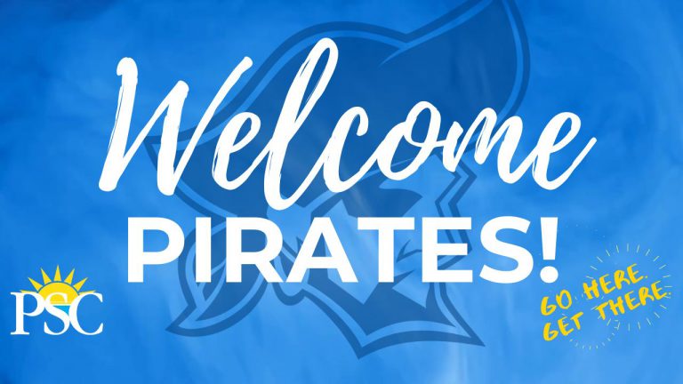 Bright welcome sign for Pensacola State College Spring Semester Welcome Week with pirate theme.