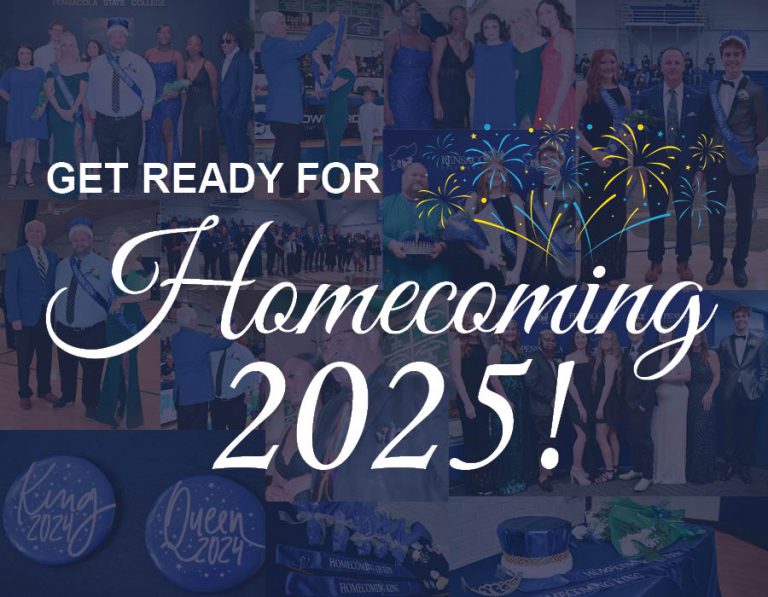 Vibrant group photo of students celebrating Homecoming 2025 at Pensacola State College.