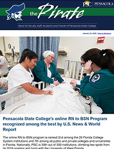 Nursing students and healthcare workers practicing patient care in a clinical setting at Pensacola S.