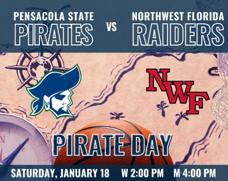 Optimized ALT text for college basketball game between Pensacola State Pirates and Northwest Florida.