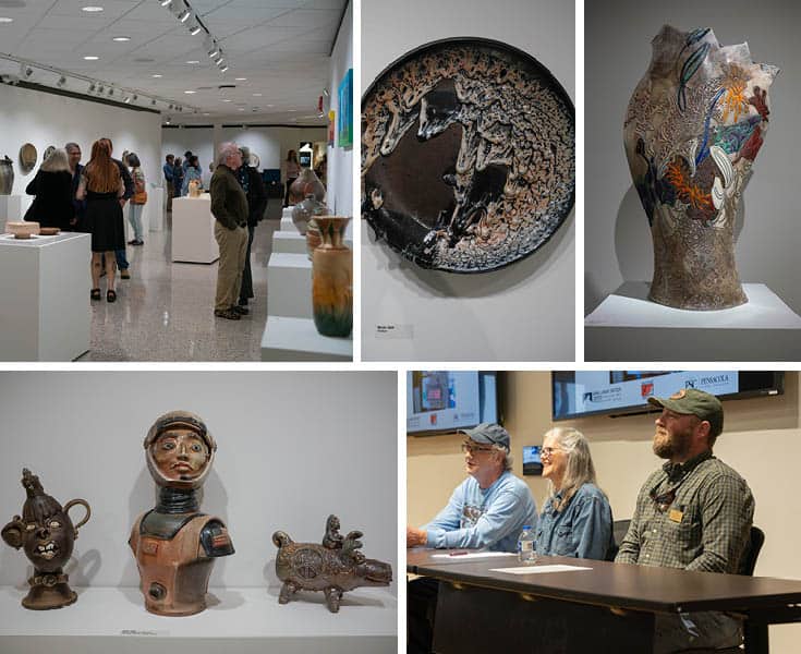 Ceramic art exhibit featuring wood-fired kiln pieces and artist discussions at Switzer Gallery.