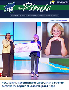 PSC alumni and leadership event featuring a woman holding a large check and a speaker at the podium.