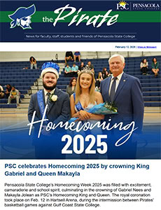 Homecoming 2025 at Pensacola State College featuring King Gabriel and Queen Makayla in a formal cere.