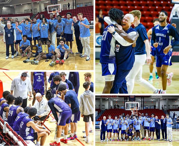 PSC men's basketball team celebrating victory and teamwork on the court.