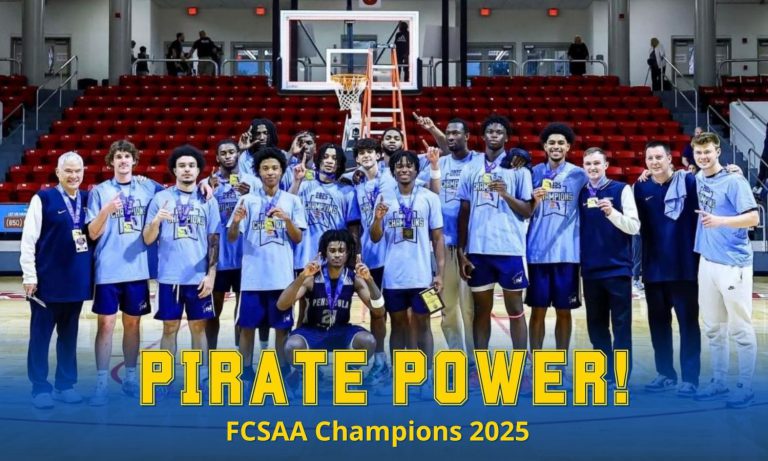 Men&rsquo;s basketball team celebrating FCSAA Championship victory in 2025.
