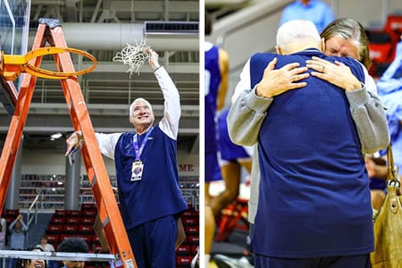Staff member celebrating victory at Pensacola State College athletic event.