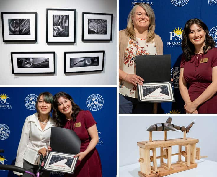 Black and white student artwork displayed in gallery frames.