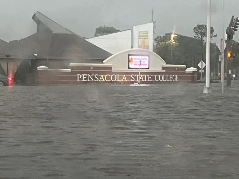 Flooded Pensacola State College campus caused by thunderstorms and heavy rain.