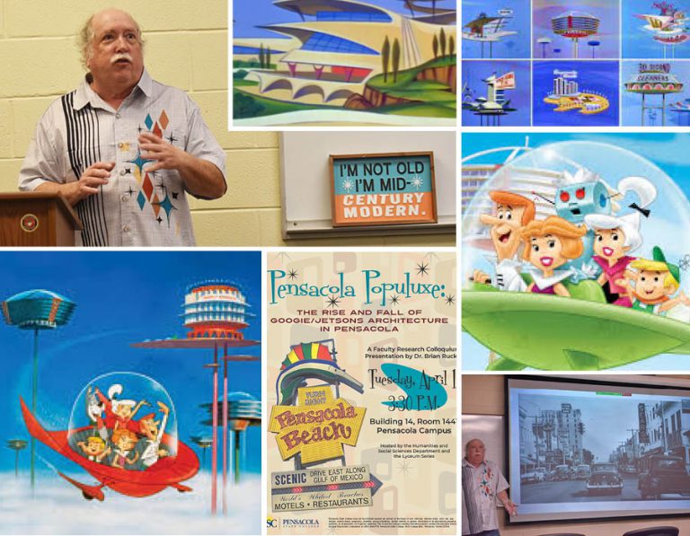 Colorful Populuxe architecture and Jetsons-inspired design in Pensacola, highlighting mid-century mo.