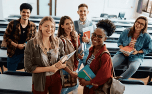 Diverse students participating in college support services for higher education success.