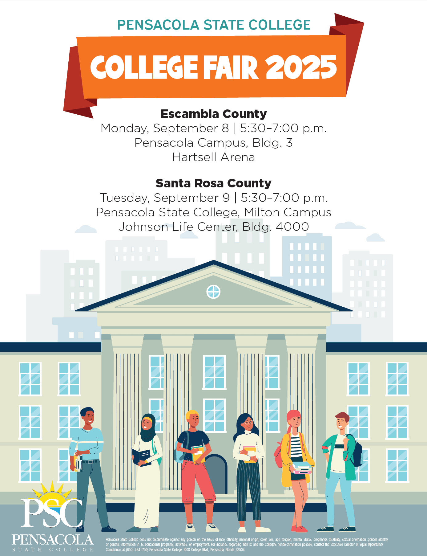 High school students exploring college options at Pensacola State College's 2025 College Fair.