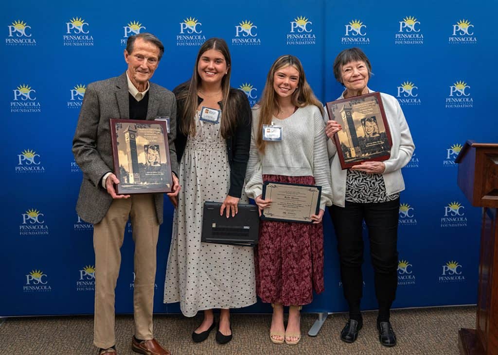 Harry Wilder (left) and Martha Wilder (right), Ami-Lee Wilder&rsquo;s parents, with Pensacola State College students Andria Glaze and Kylie Moore, recipients of the new Ami-Lee Wilder Pirates CARE Endowed Scholarship at the PSC South Santa Rosa Center in Gulf Breeze, Tuesday, Jan.13, 2026.