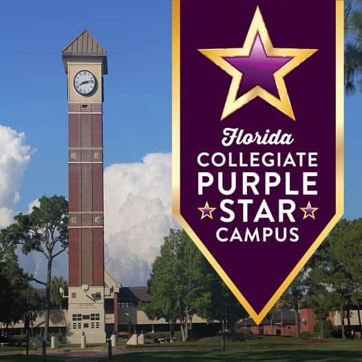 Clock tower at Pensacola State College, designated as a Florida Collegiate Purple Star Campus for mi.